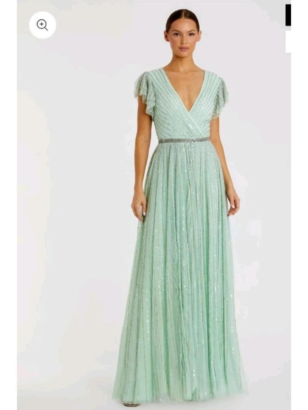 NWT Mac Duggal Green Sequined Wrap Over Ruffled Cap Sleeve Gown Size 8 5502